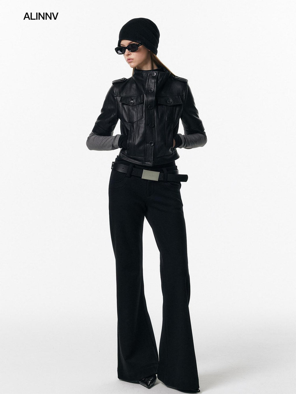 ALINNVSTUDIO Sleek Pu Slim Fit Cropped Short Sleeve Stand Collar Women Leather Jackets