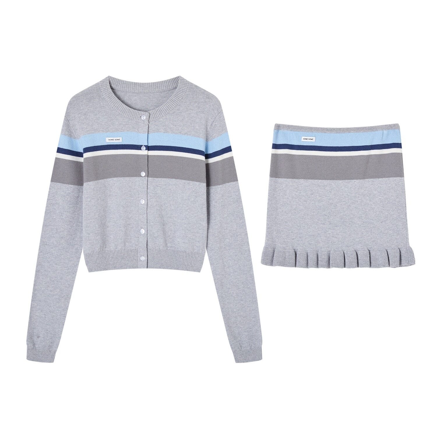 SOMESOWE_Ruffle_Collared_Cardigan_Long_Sleeve_Loose_Fit_Women_Blue_Top_&_Skirt_Sets_MISSTT