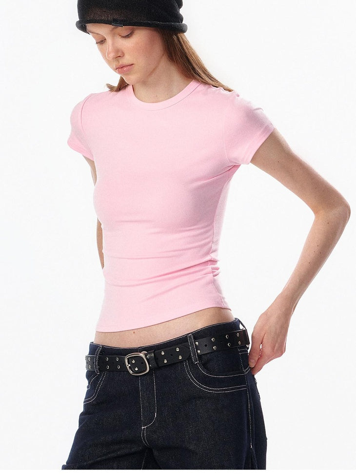 ALINNVSTUDIO Light Cleanfit Slim Crew Neck Short Sleeve Womens Cropped Tee Basic Crop Tops