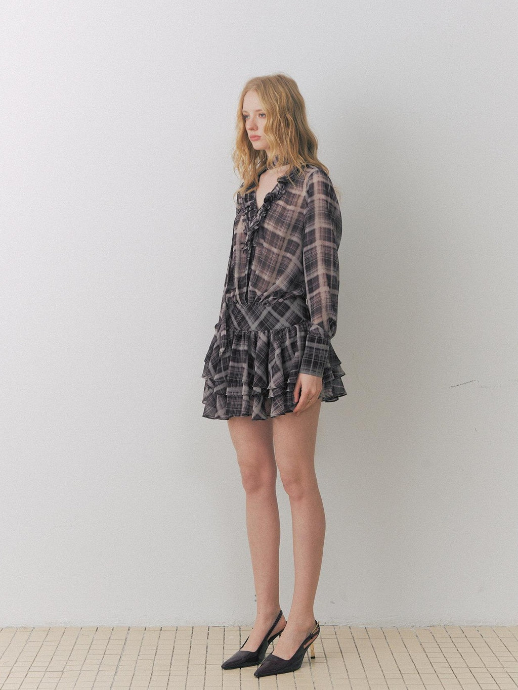 DeleteEx Chic Vintage Asymmetrical V-neck Slim Long Sleeve Plaid Citywalk Mini Dresses