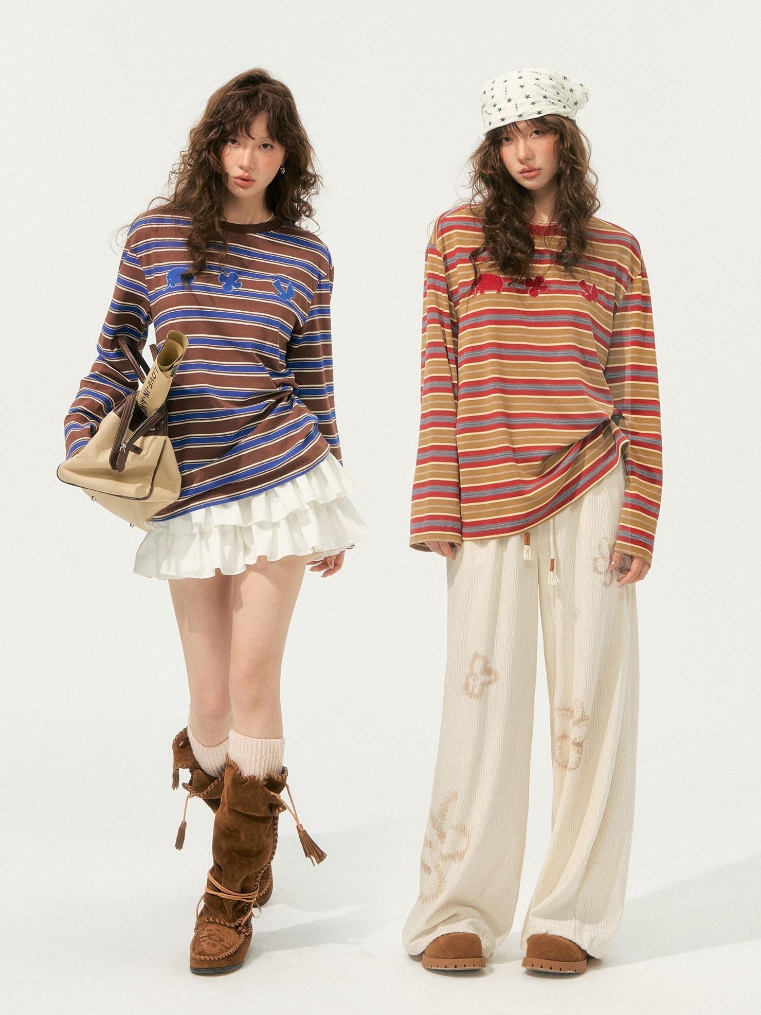 SOMESOWE Creative Embroidered Print Loose Crewneck Women Striped Long Sleeve T-Shirts