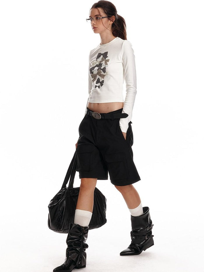 ALINNVSTUDIO Soft Cotton Printed Cropped Slim Fit Crew Neck Women Casual Long Sleeve T-Shirts