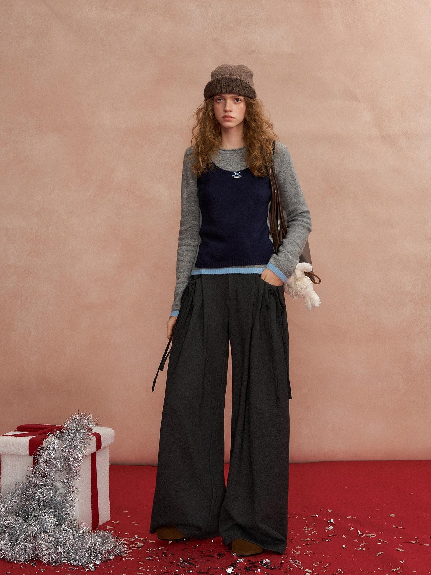 SOMESOWE Pleated Pockets Bow Print Natural Waist Casual Women Wide Leg Pants