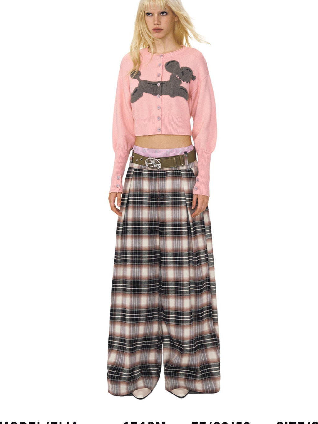 Double Waist Zipper Natural Waist Relaxed Plaid Polyester Stretch Wide Leg Pants