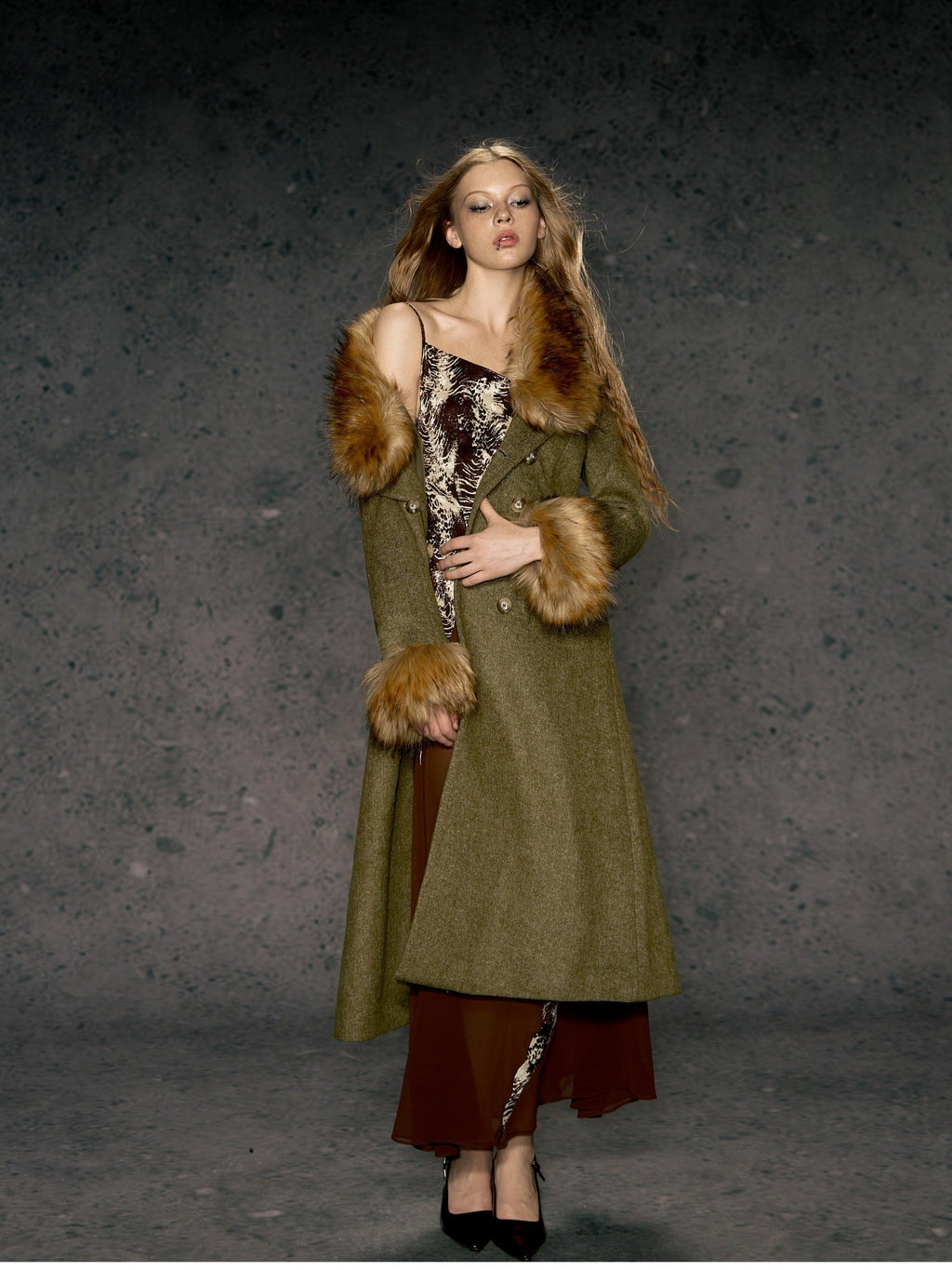 DeleteEx Wool Blend Vintage Commuter Double Breasted Midlength Yellow Green Wool Coats