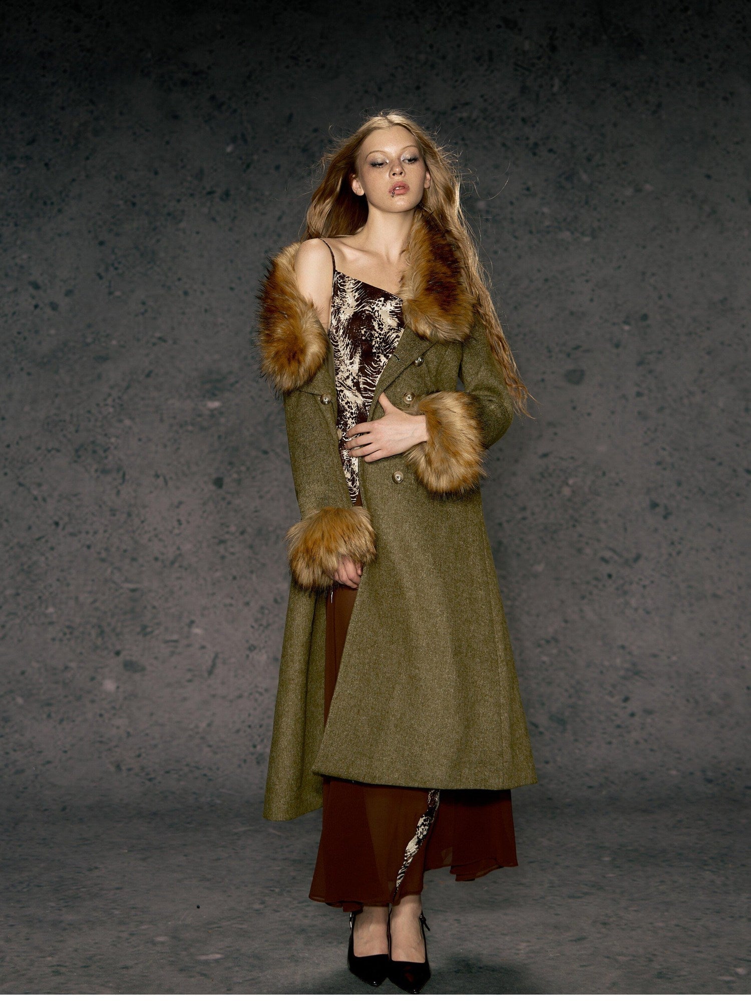 DeleteEx Wool Blend Vintage Commuter Double Breasted Midlength Yellow Green Wool Coats