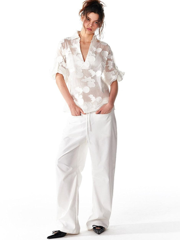ALINNVSTUDIO Original Design Loose V-neck Short Sleeve Button Front Women Solid White Blouses