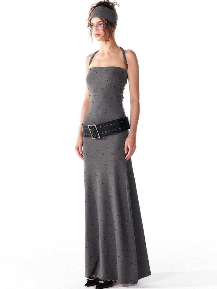ALINNVSTUDIO Elegant Halter Neck Cinched Waist Modal Sleeveless Solid Black Grey Maxi Dresses