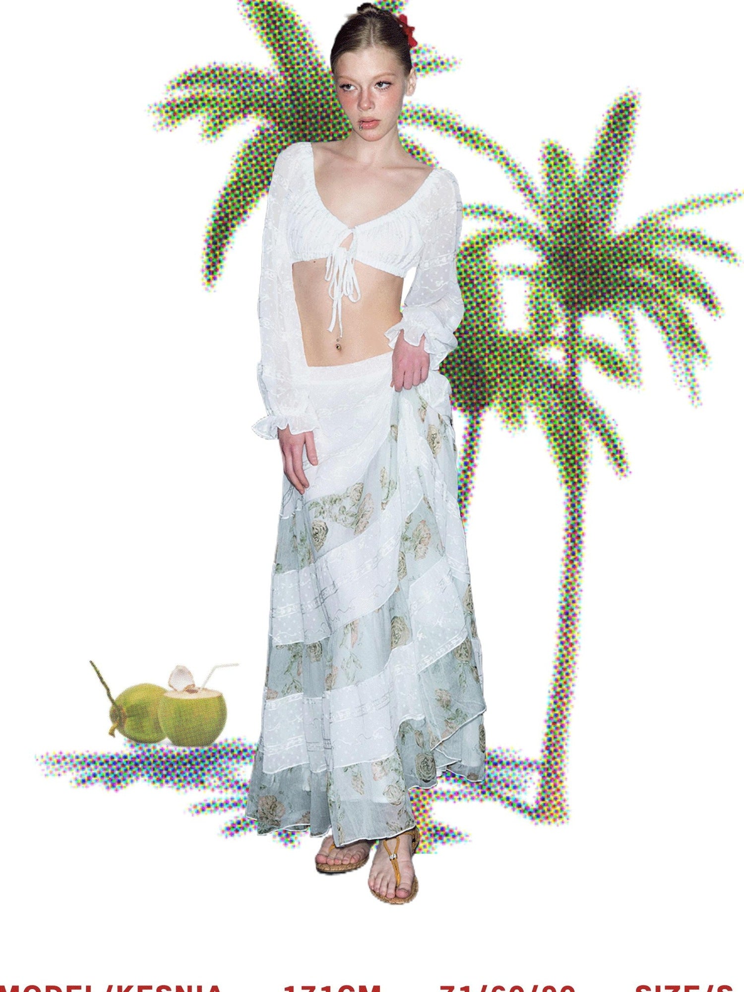 DeleteEx Soft Korean Tiered Mid Rise Loose Fit White Green Floral Patchwork Maxi Skirts