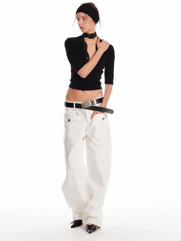 ALINNVSTUDIO Lace Trim V-neck Slim Fit Office Half Sleeve Solid Black White Basic Crop Tops