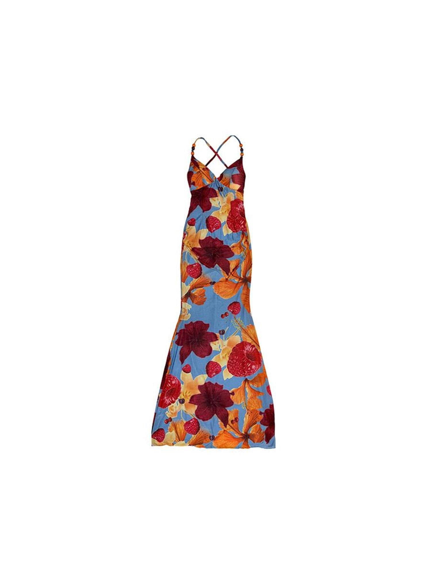 DeleteEx Flattering V-neck Tie Detail Trendy Slim Fit Printed Stretch Women Maxi Dresses
