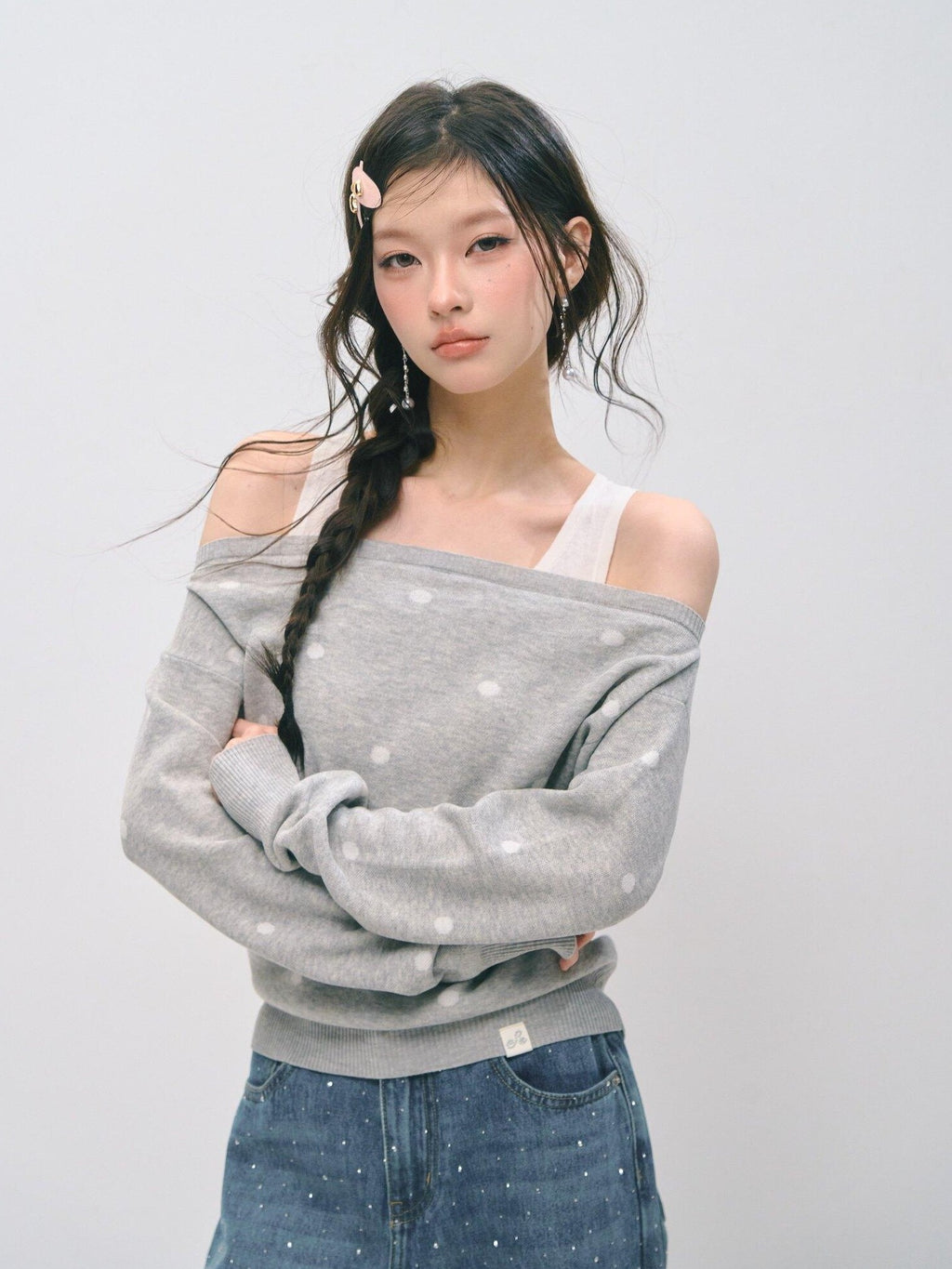 SOMESOWE Faux Layered Colorblock Polka Dot Boat Neck Knit Pullover Sweaters