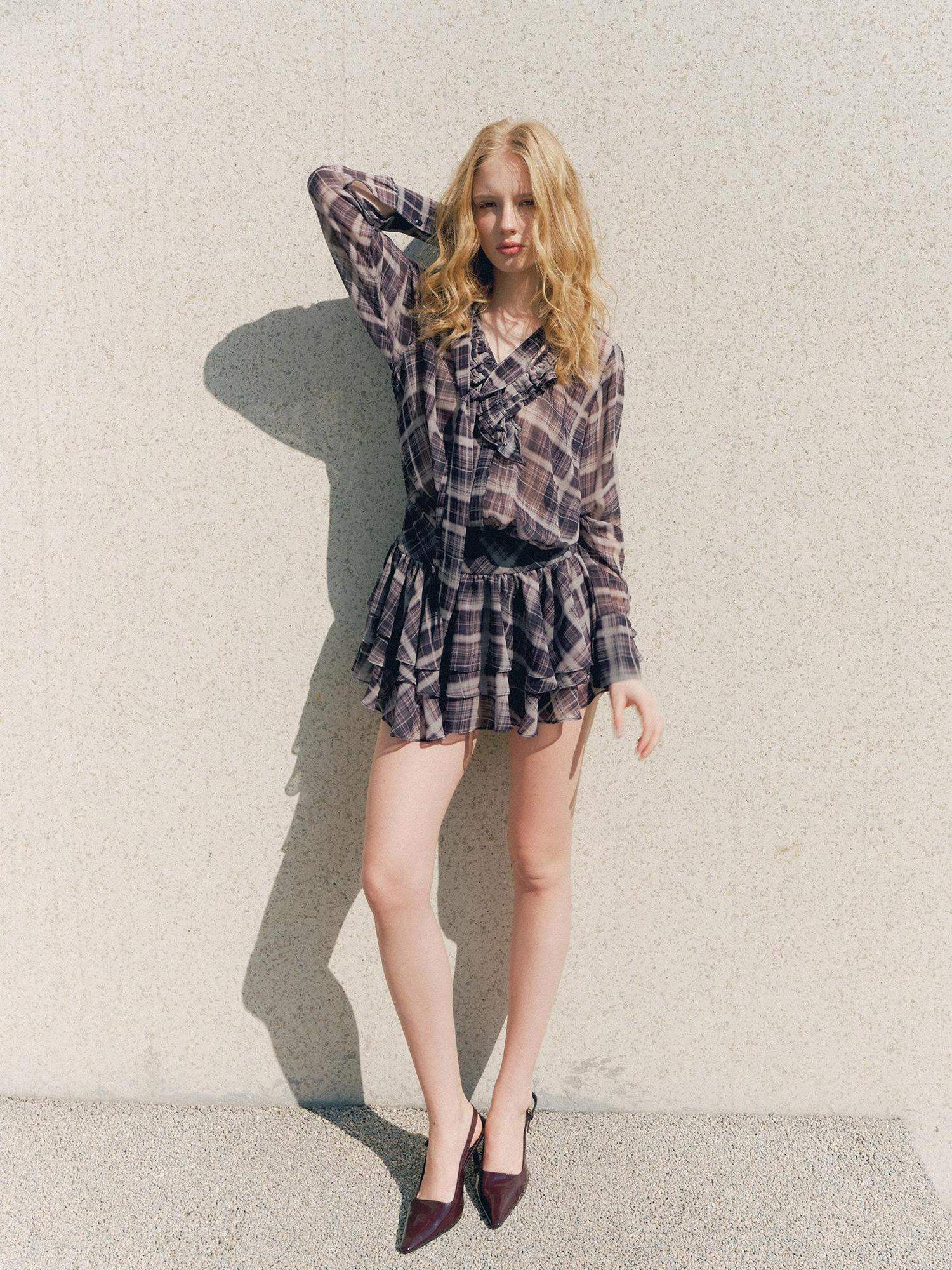 DeleteEx Chic Vintage Asymmetrical V-neck Slim Long Sleeve Plaid Citywalk Mini Dresses