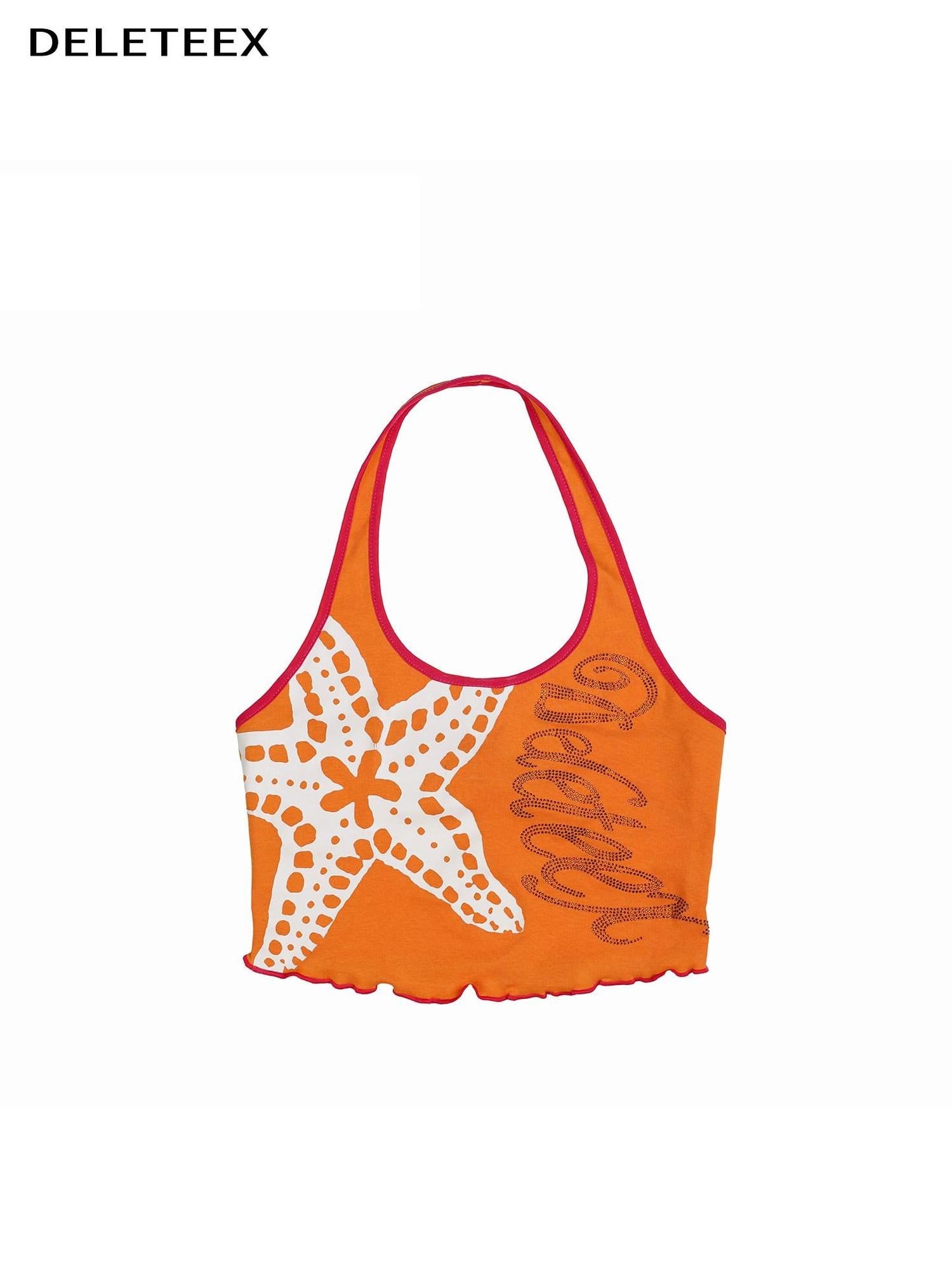 DeleteEx Original Design Floral Halter Cropped Cotton Stretch Women Orange Tank Tops