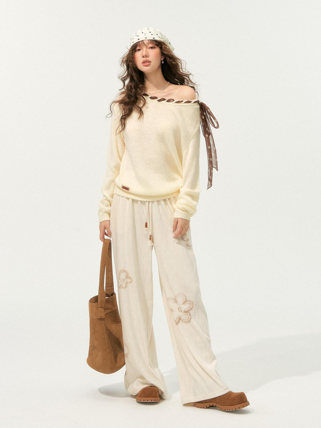 SOMESOWE Pleated Floral Pocket Loose Beige Womens Polyester Wide Leg Pants