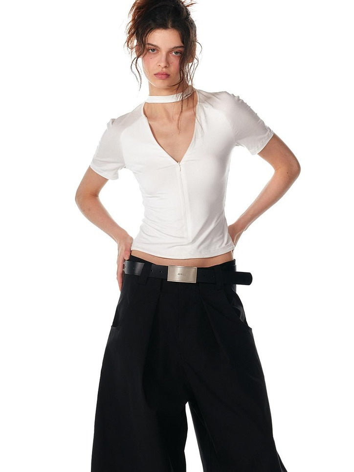 ALINNVSTUDIO Moisture Modal Stretch Asymmetric V-neck Slim Cross Basic Crop Tops