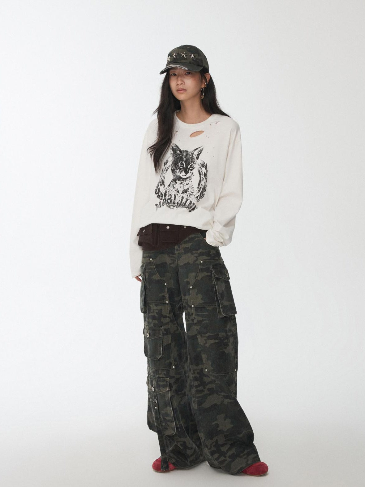 1JINN STUDIO Soft Cotton Camo Low Rise Casual Zipper Front Ladies Wide Leg Pants