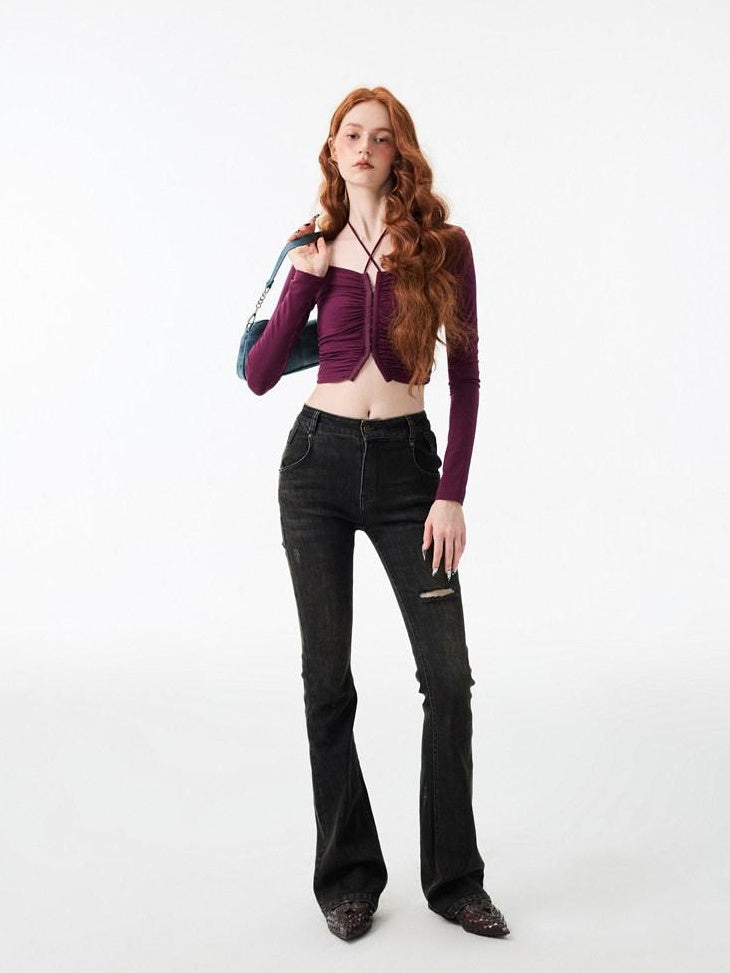 1JINN STUDIO Thick Micro Stretch Vintage Washed Slim Natural Waist Women Denim Flared Jeans