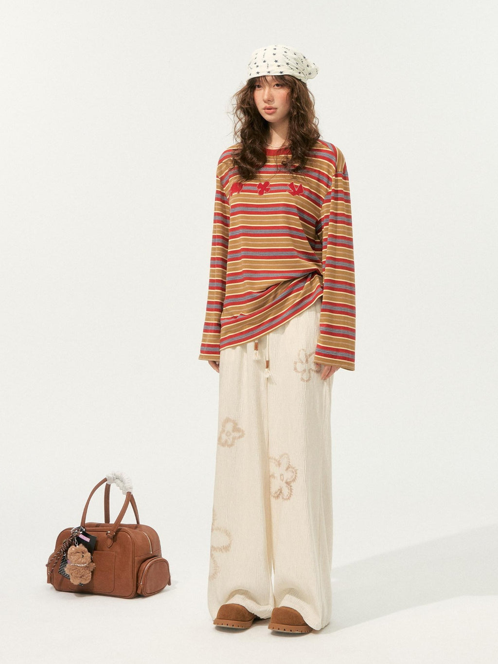 SOMESOWE Creative Embroidered Print Loose Crewneck Women Striped Long Sleeve T-Shirts