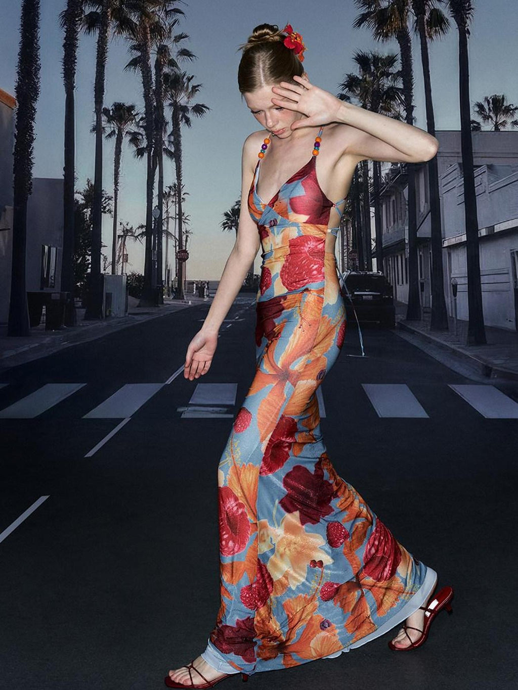 DeleteEx Flattering V-neck Tie Detail Trendy Slim Fit Printed Stretch Women Maxi Dresses