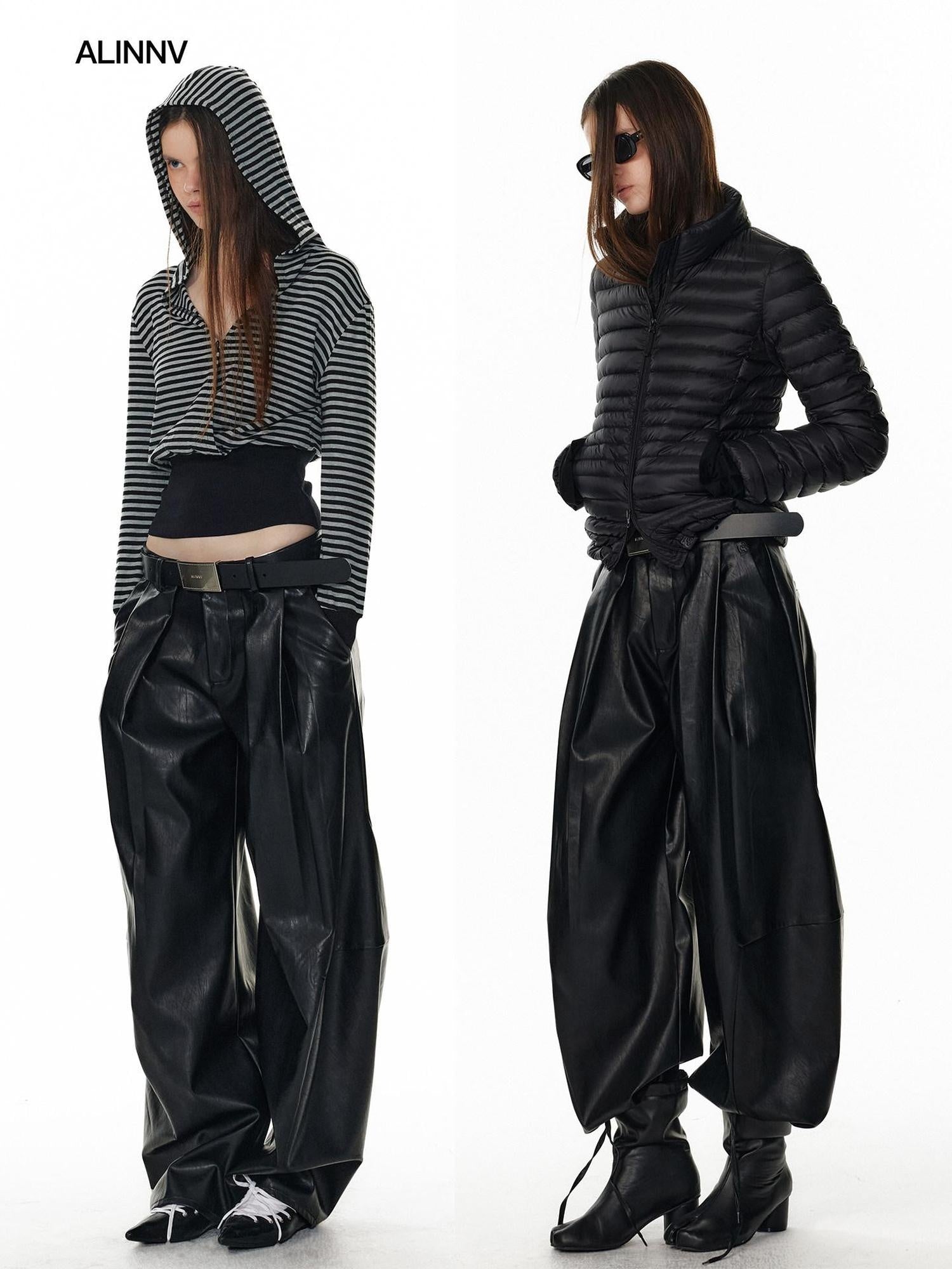 ALINNVSTUDIO Pu Leather Utility Natural Waist Curved Seam Black Women Wide Leg Pants