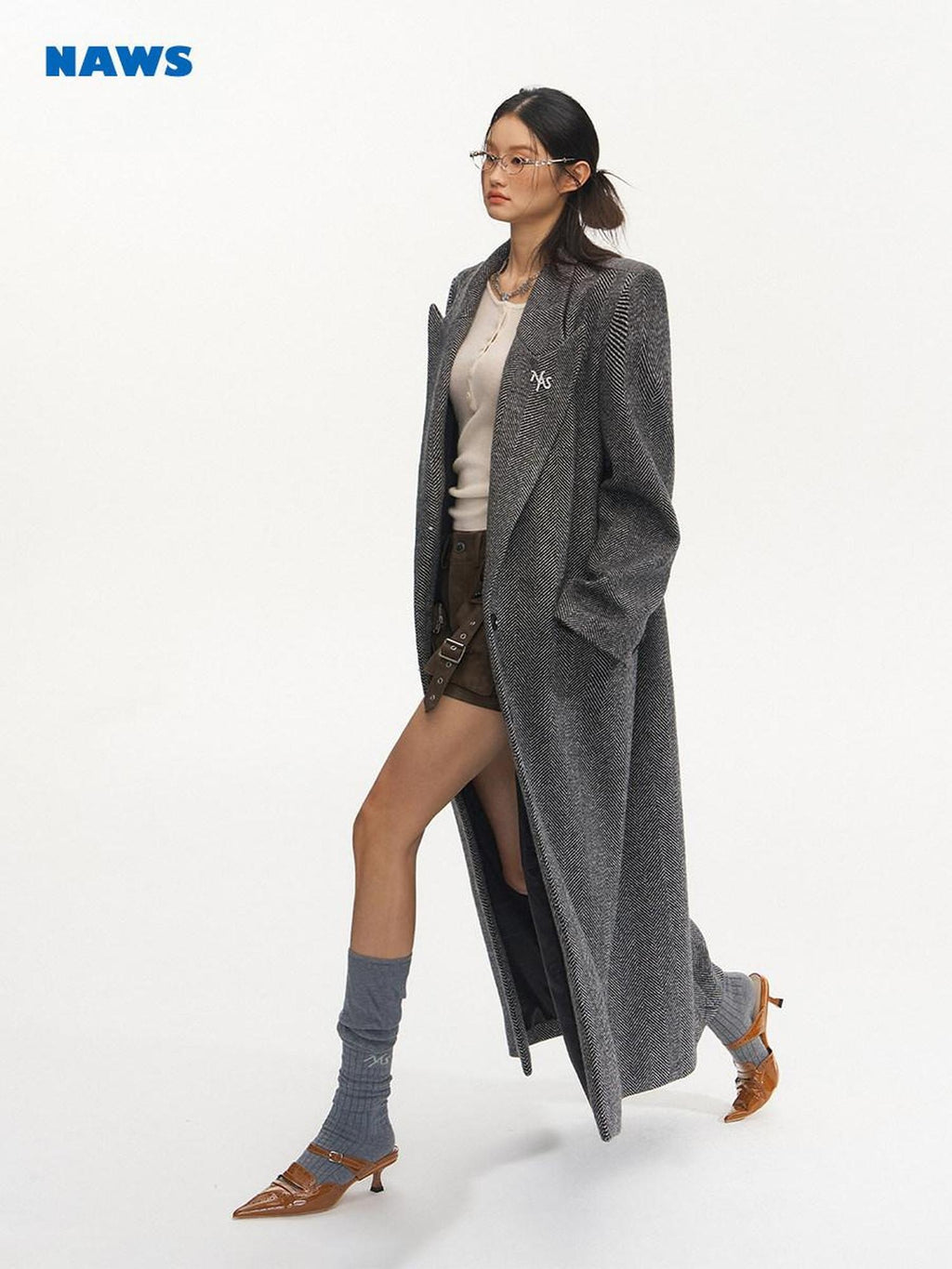 NAWSNOTAWEAR Herringbone Wool Blend Loose Fit Blazer Collar Women Single Breasted Wool Coats