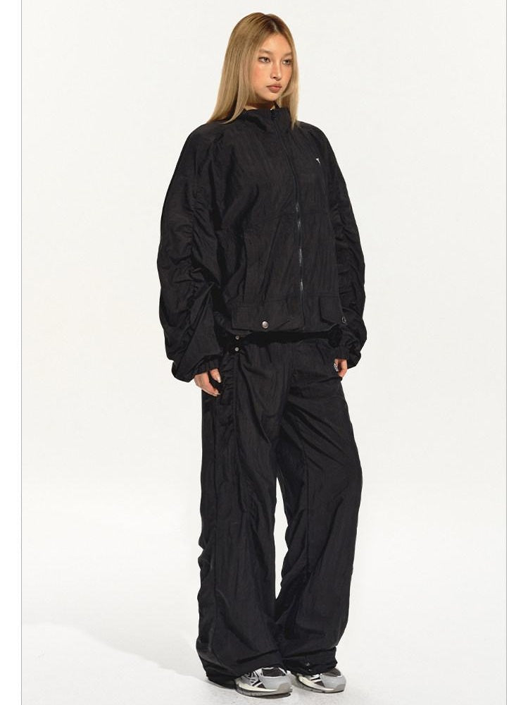 NAWSNOTAWEAR Pleated Detail Loose Fit Commuter Nylon Zip Front Turndown Collar Bomber Jackets