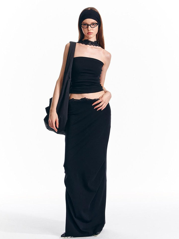 ALINNVSTUDIO Lace Knit Mid Waist Bodycon Slim Fit Youthful Black Grey Maxi Skirts