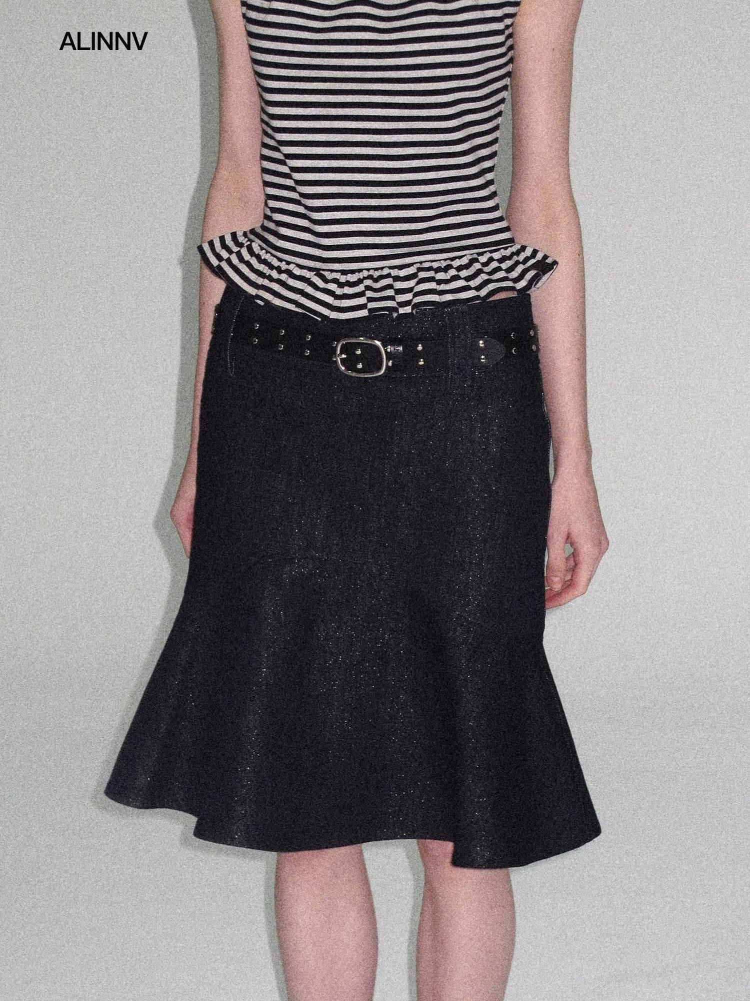 ALINNVSTUDIO Lined Wide Waistband Fishtail Mermaid Back Zipper Women Black Denim Midi Skirts
