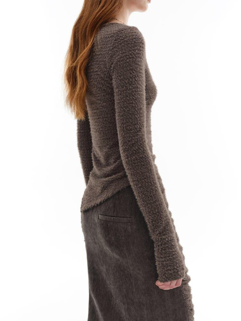 someonesometimes Slim Knit Minimal Casual Crewneck Long Sleeve Women Gray Top & Skirt Sets
