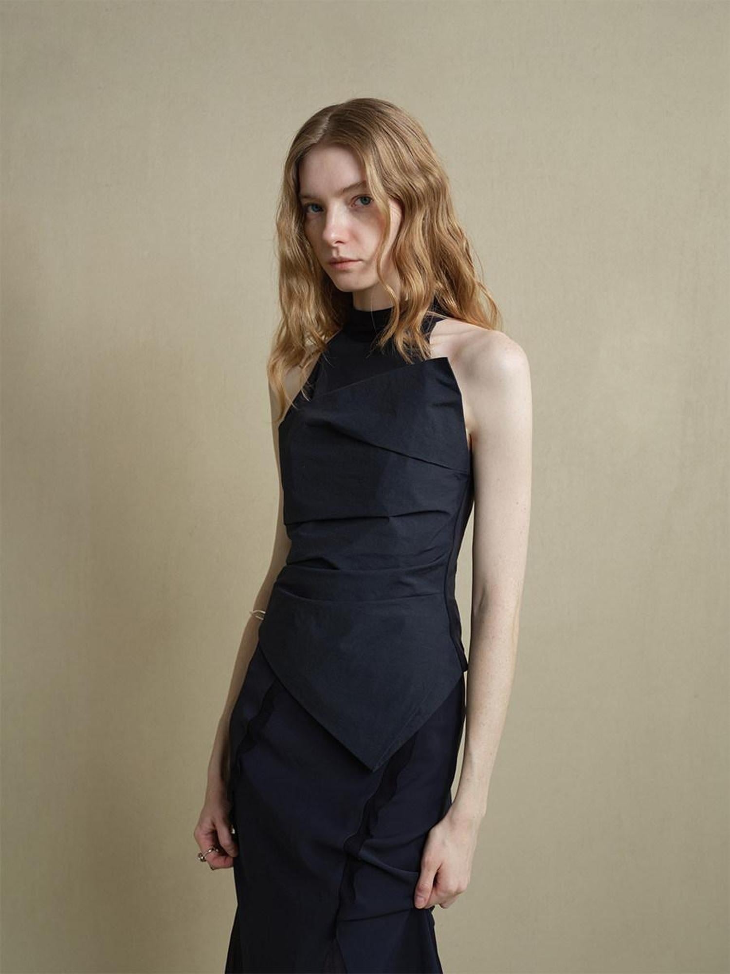 someonesometimes Slim Cutout Ruched Tie Front Korean Casual Navy Poly Tank Tops