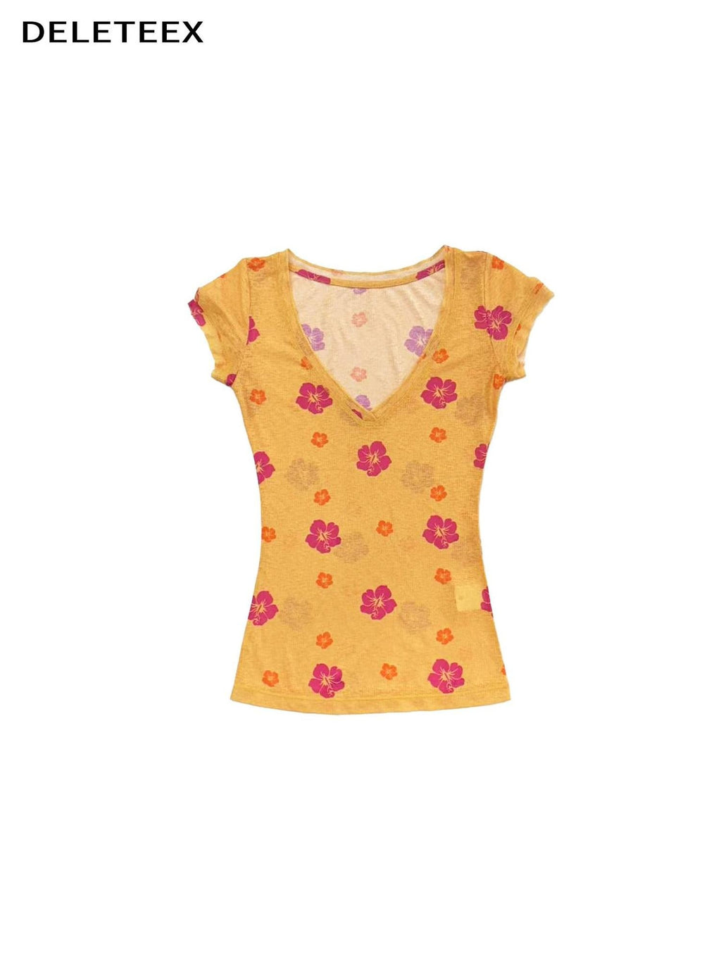 DeleteEx Stretchy V-neck Sexy Chic Pink Yellow Print Women Casual Short Sleeve T-Shirts