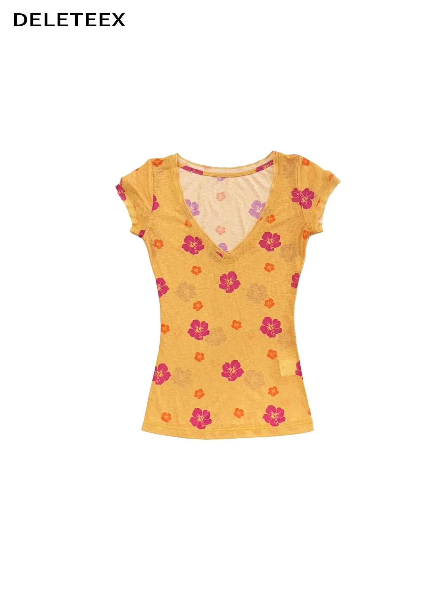 DeleteEx Stretchy V-neck Sexy Chic Pink Yellow Print Women Casual Short Sleeve T-Shirts