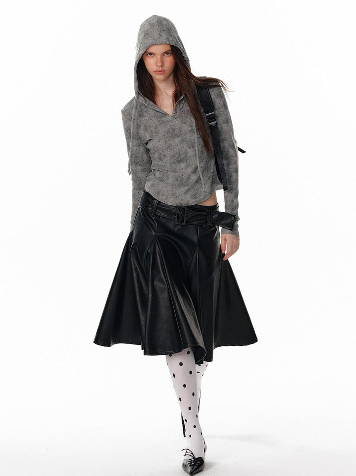 ALINNVSTUDIO Versatile Pu Belted Low Waist Flared Loose Fit Women Citywalk Black Midi Skirts