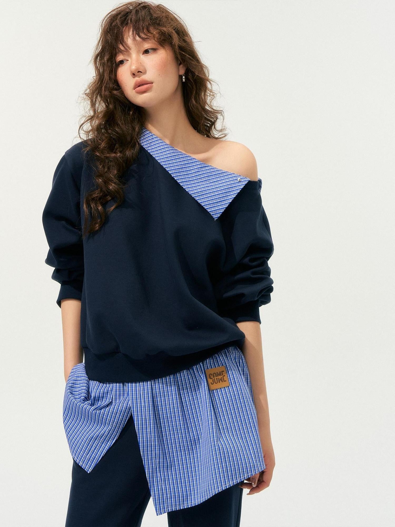 SOMESOWE Patchwork Cropped Oversized Collared Sweatshirt Heather Grey Top & Pants Sets