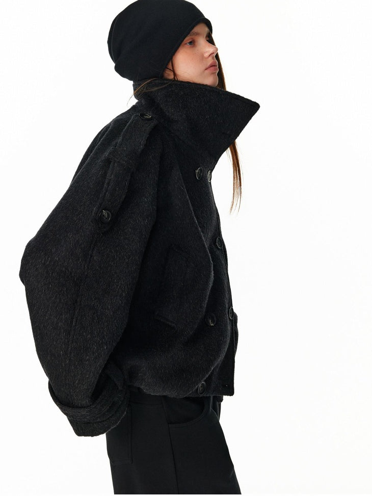ALINNVSTUDIO Double Breasted Short Loose Lapel Commuter Women Thick Black Gray Wool Coats