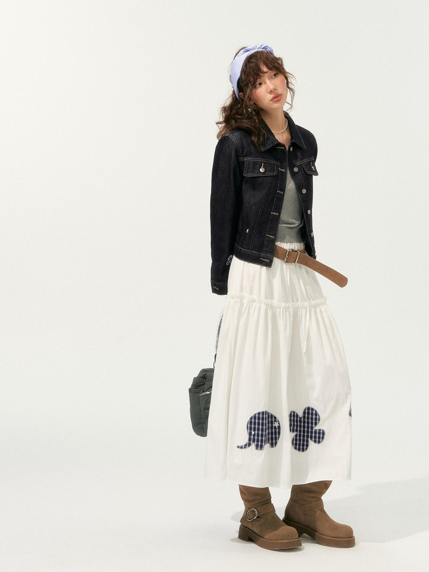 SOMESOWE High Waist French A Line Patch Detail Loose Fit Casual White Maxi Skirts