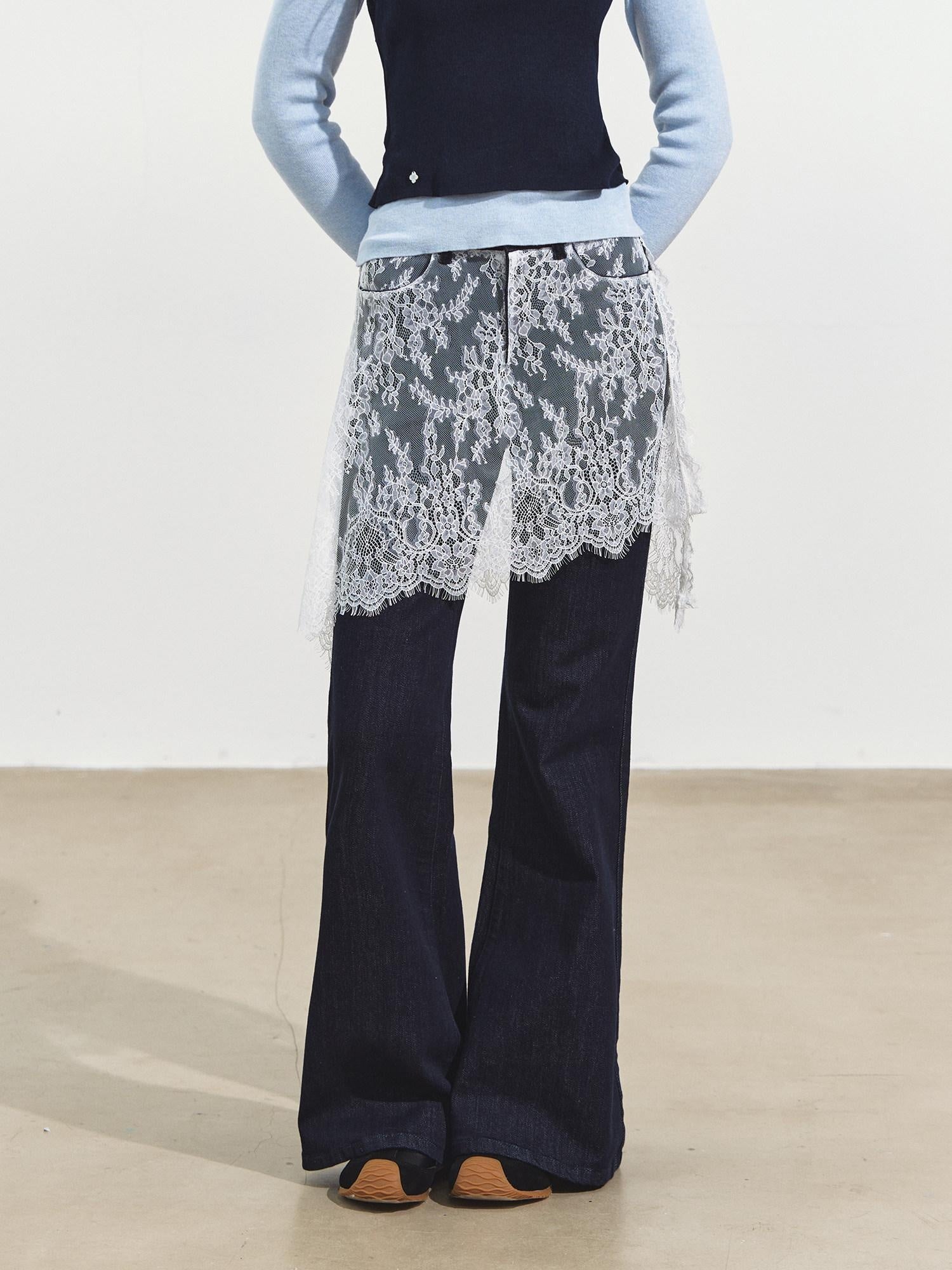 SOMESOWE Stretch Cotton Denim Pleated Natural Waist Loose Pocketed Deep Blue Flared Jeans