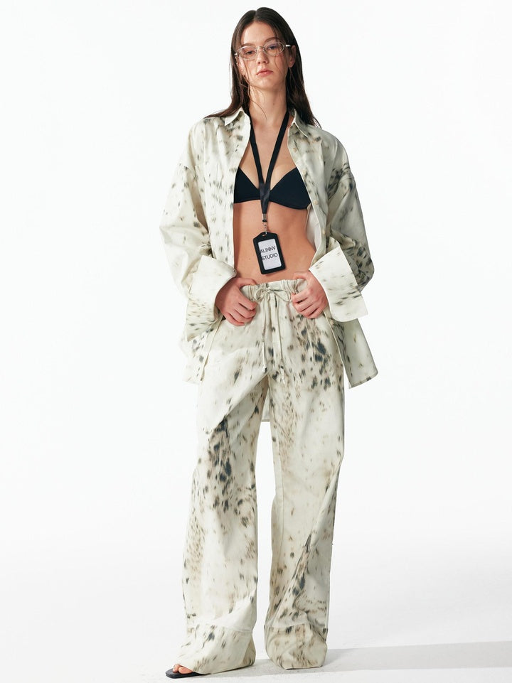 ALINNVSTUDIO Leopard Print Tie Waist Loose Fit Casual Lapel Women Top & Pants Sets