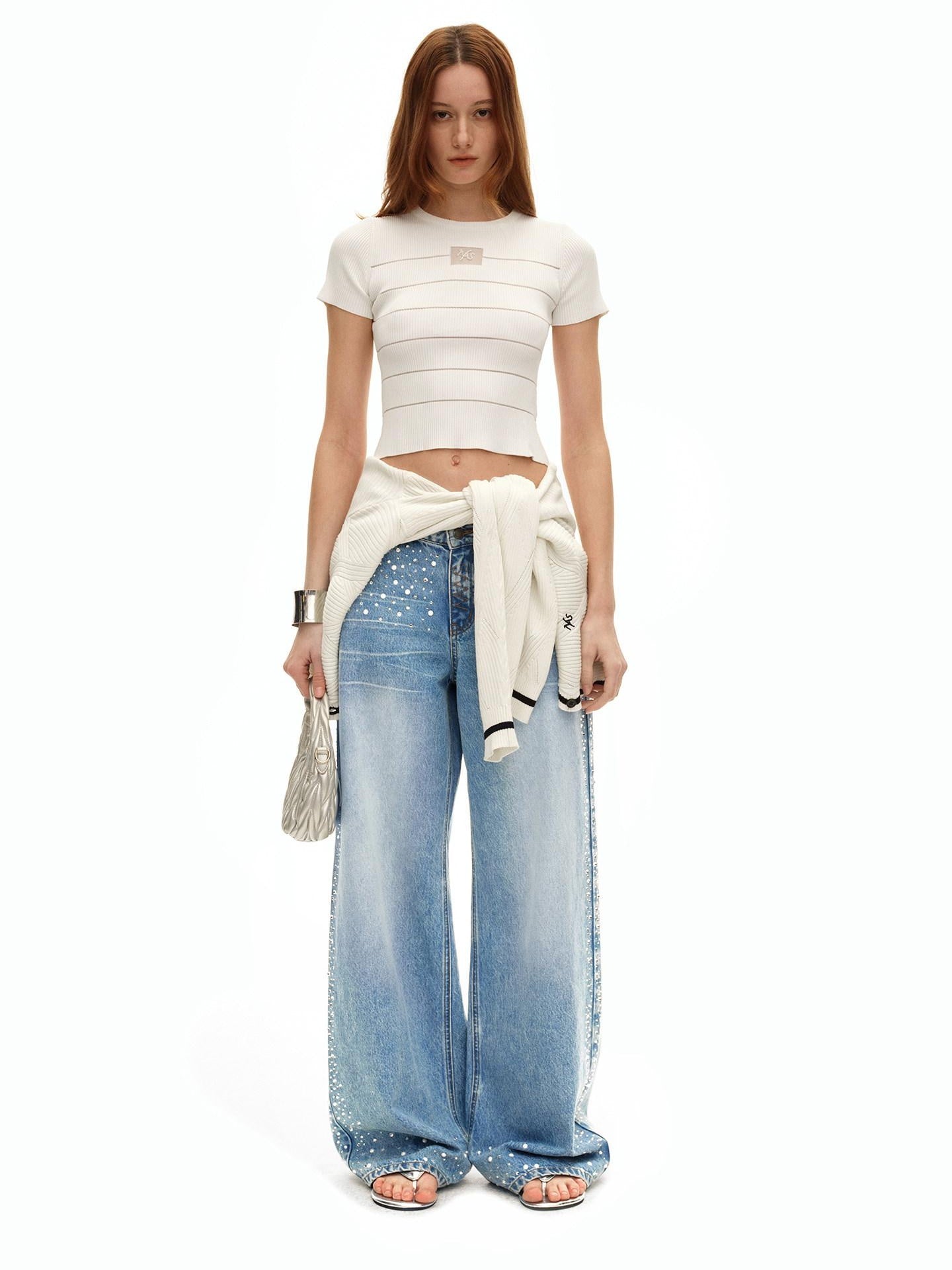 NAWSNOTAWEAR Rhinestone Embellished Vintage Low Waist Glacier Blue Wide Leg Jeans