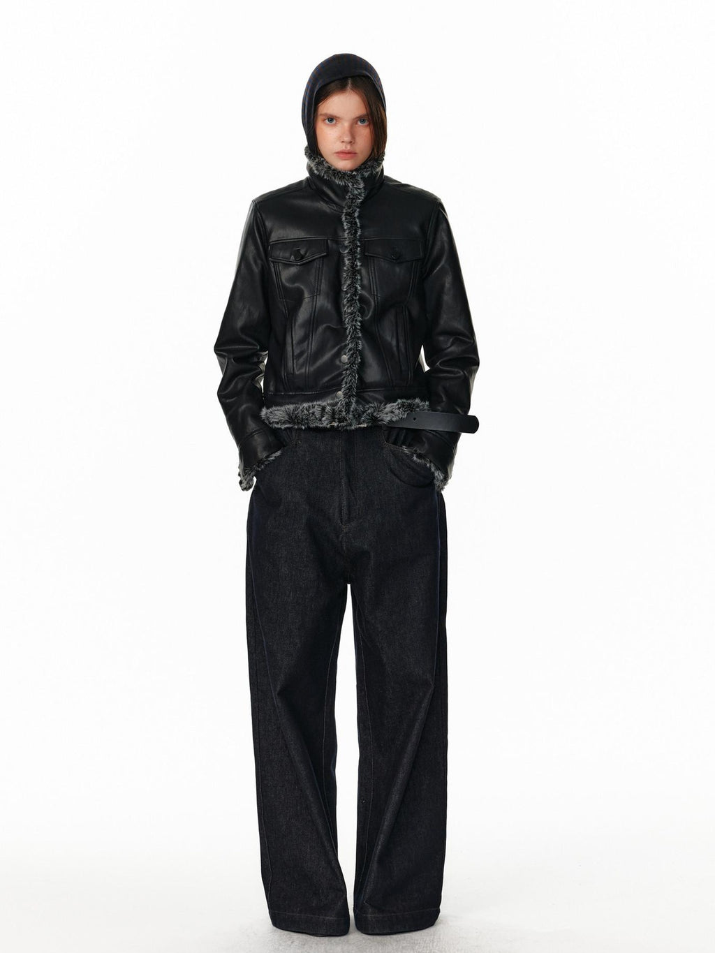 ALINNVSTUDIO Warm Reversible Retro Straight Short Zip Stand Collar Women Leather Jackets