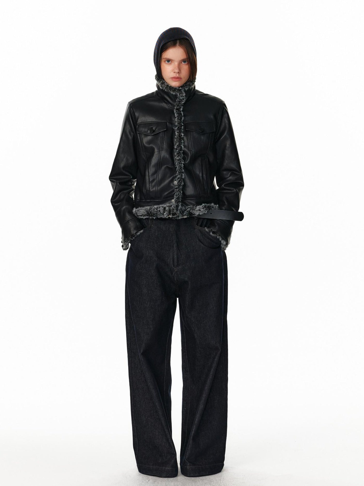ALINNVSTUDIO Warm Reversible Retro Straight Short Zip Stand Collar Women Leather Jackets