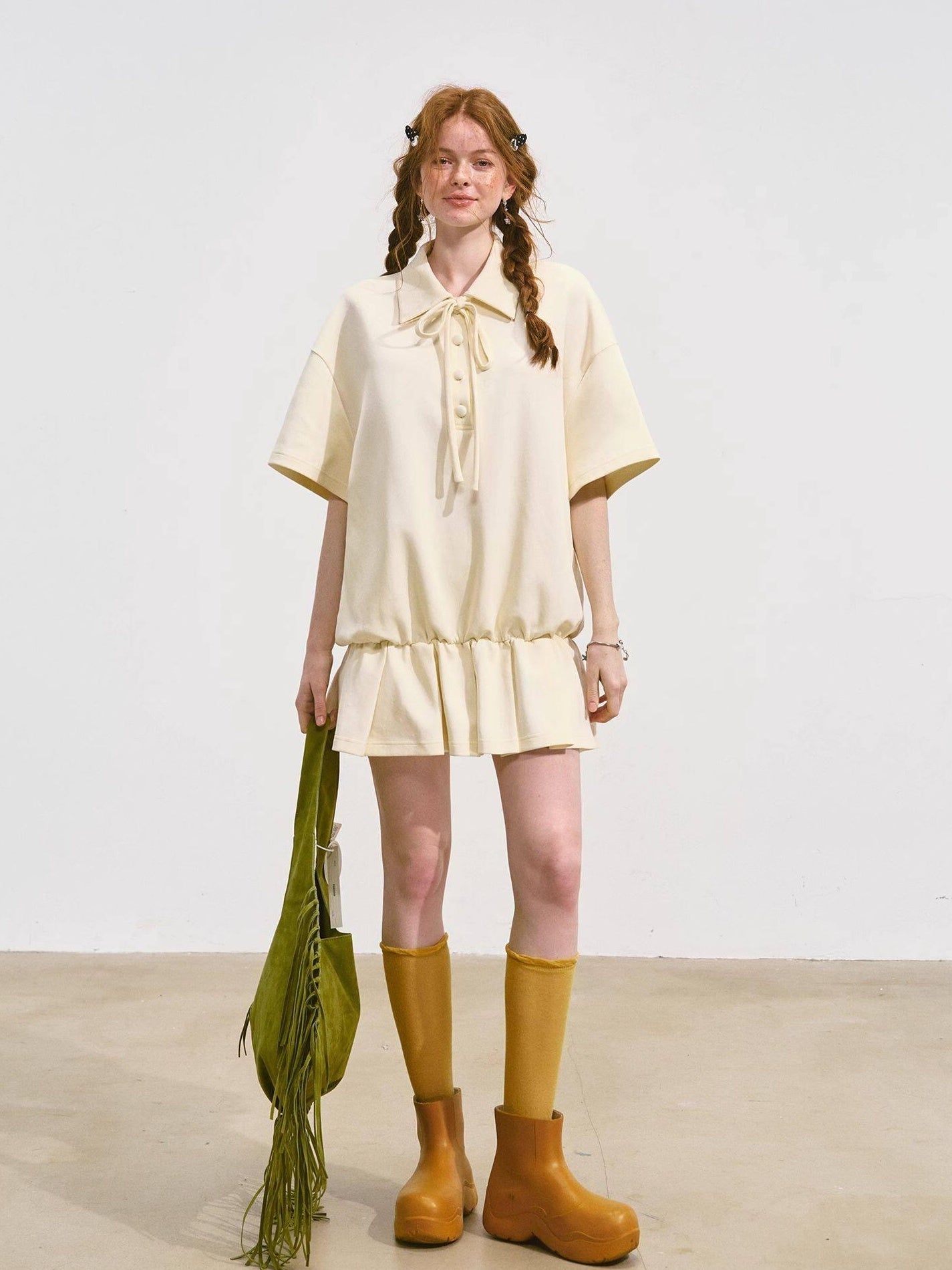 SOMESOWE Cotton Blend Minimal Tie A Line Tee Office Beige Mini Dresses