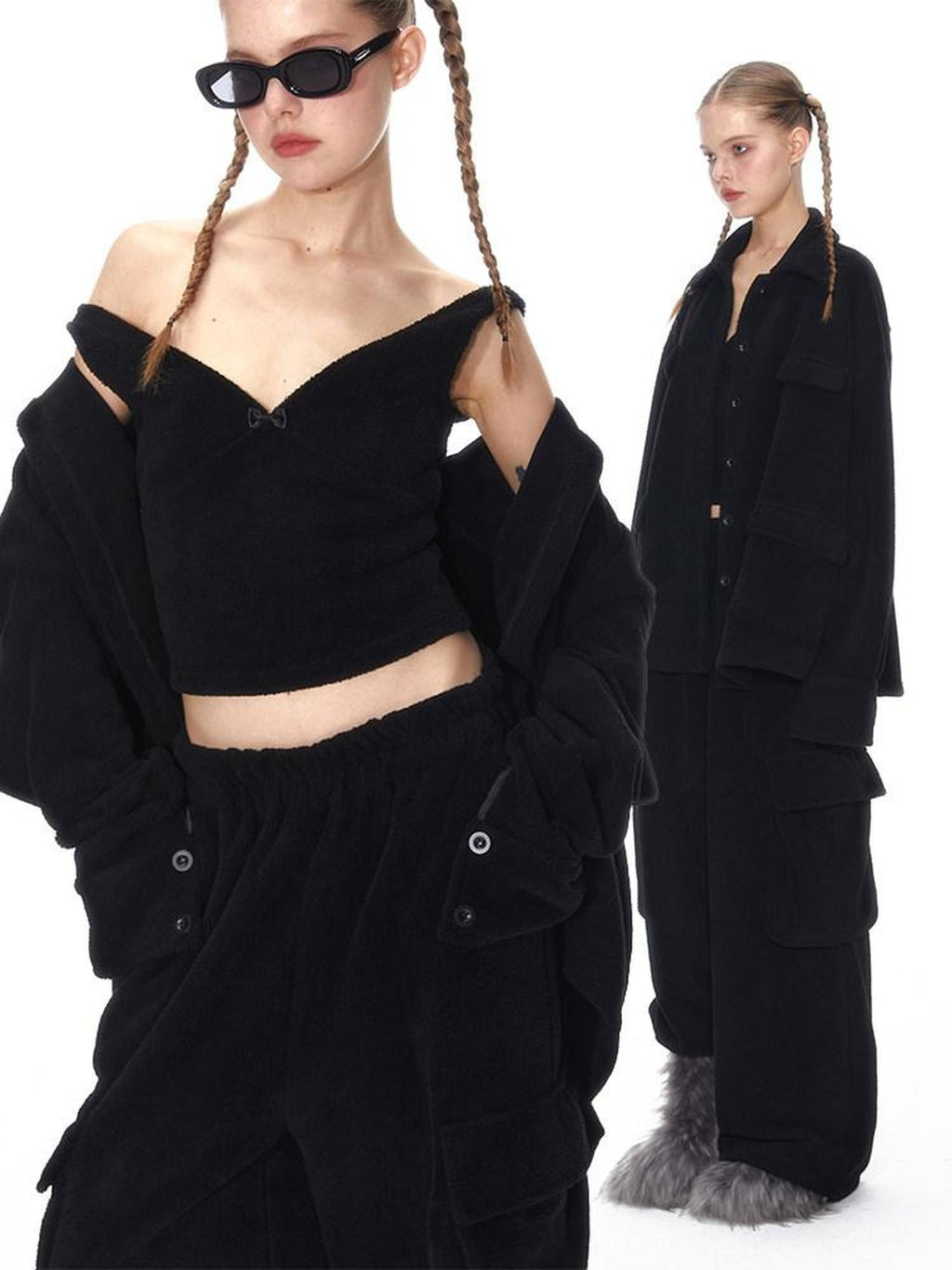ALINNVSTUDIO Layered Jacket Vest Pants Slim Youth Grey Black Two Tone Top & Pants Sets