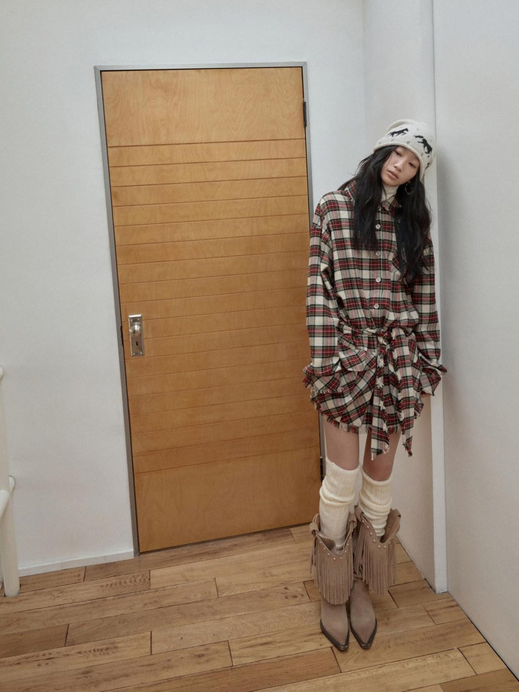 1JINN STUDIO Cotton Plaid Workwear Loose Straight Fit Long Sleeve Casual Women Mini Dresses