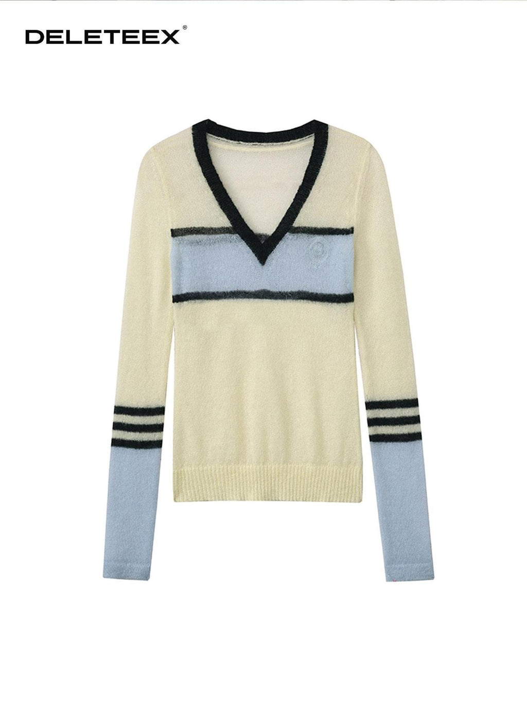 DeleteEx Embroidered V-neck Slim Fit Striped Yellow Knit Pullover Women Sweaters