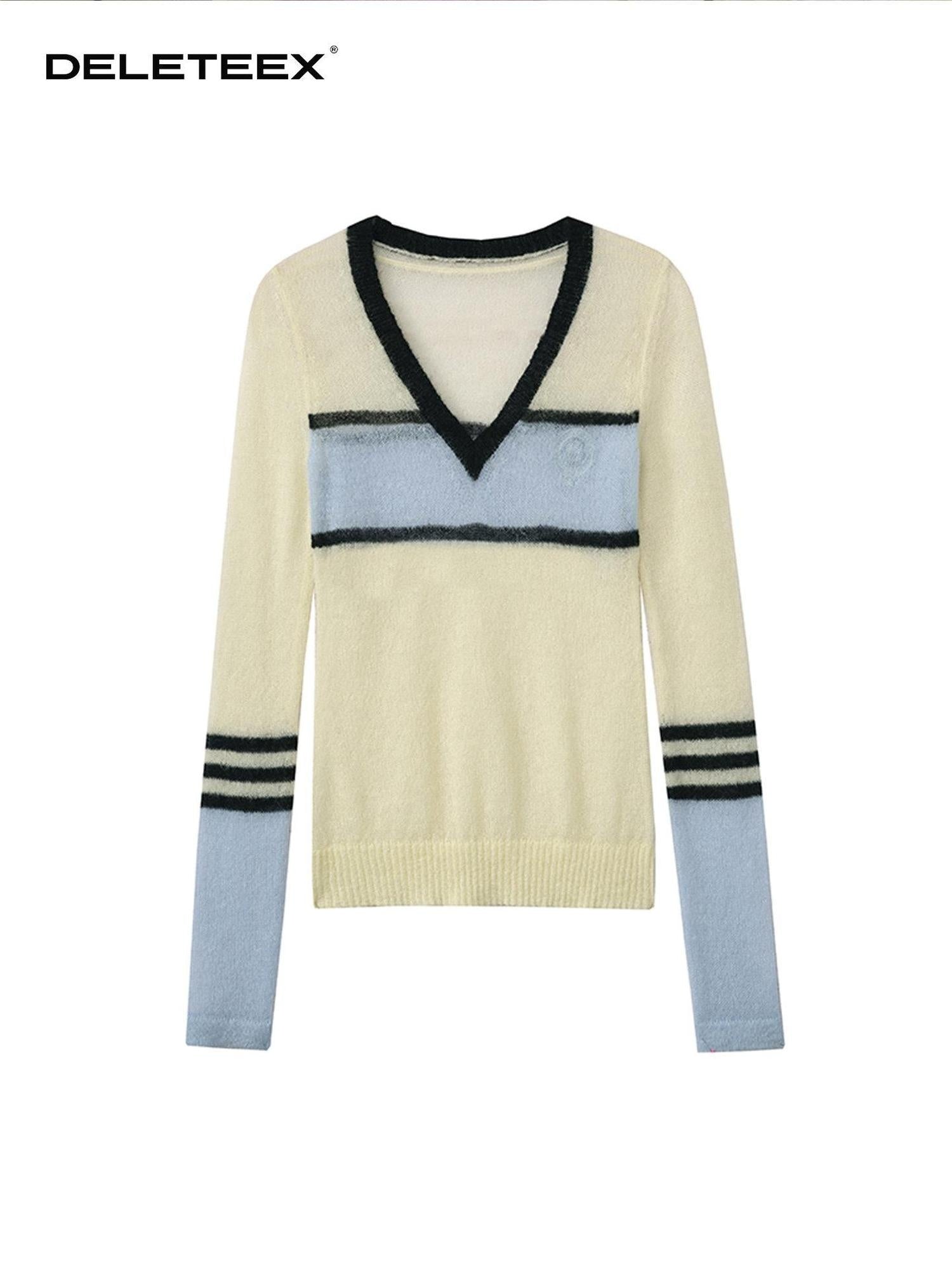 DeleteEx Embroidered V-neck Slim Fit Striped Yellow Knit Pullover Women Sweaters
