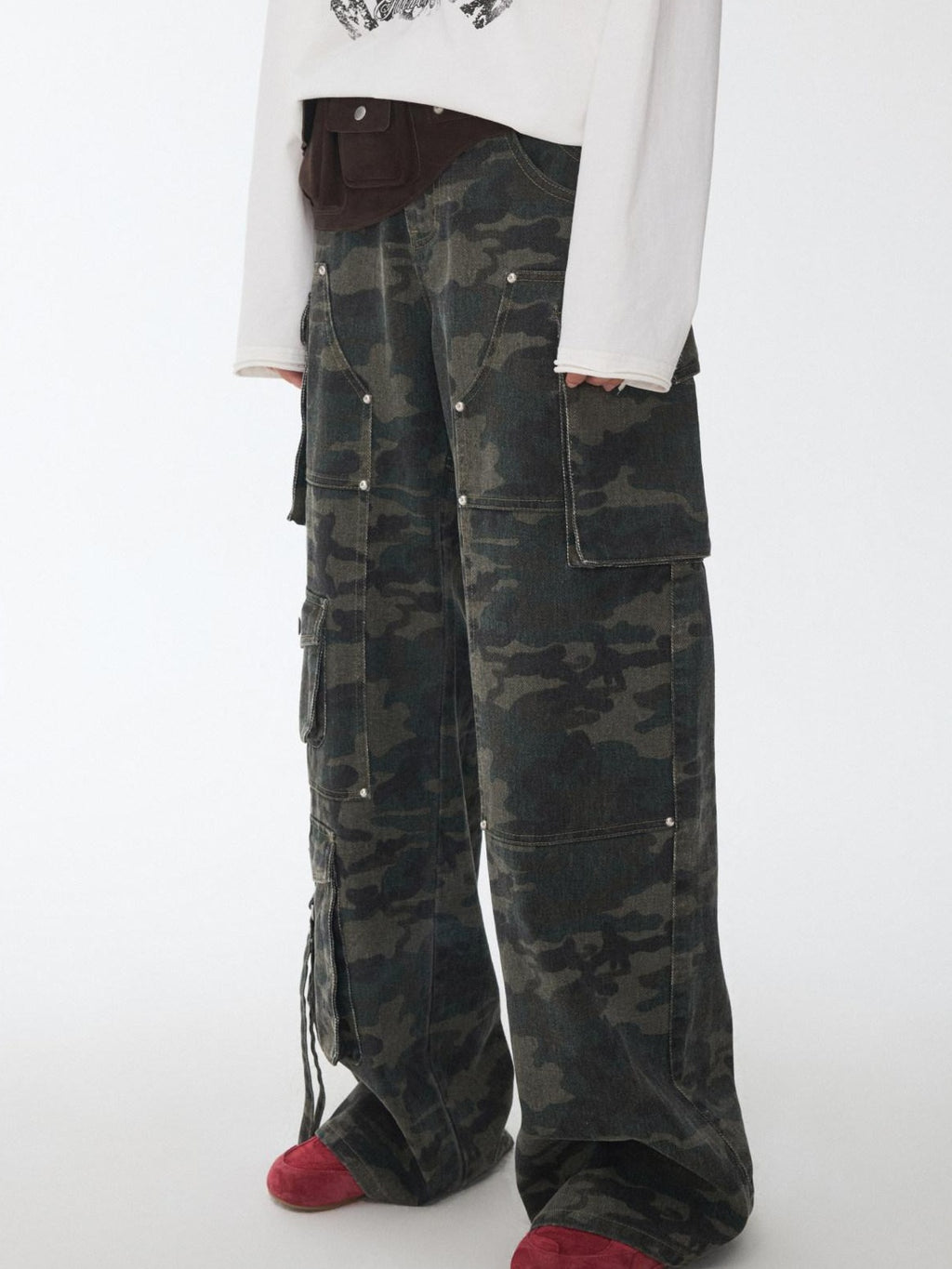 1JINN STUDIO Soft Cotton Camo Low Rise Casual Zipper Front Ladies Wide Leg Pants