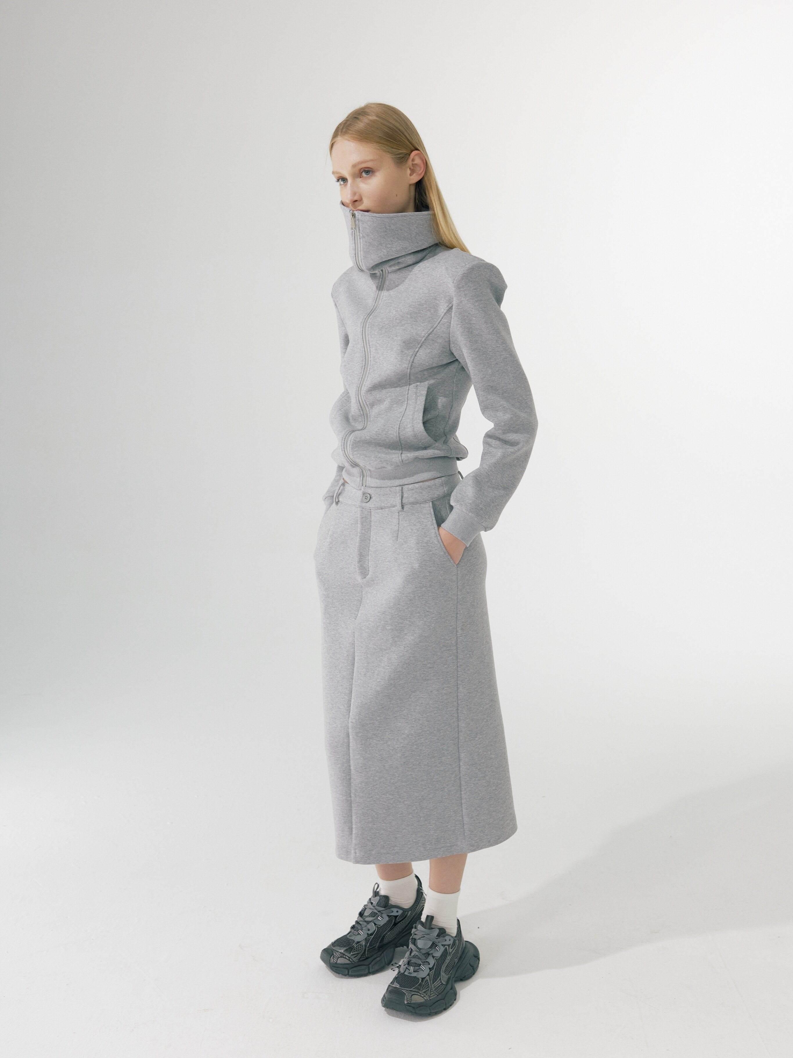 BUZHOU_Zip_Stand_Collar_Long_Sleeve_Stretch_Cotton_Commuter_Grey_Women_Top_&_Skirt_Sets_MISSTT