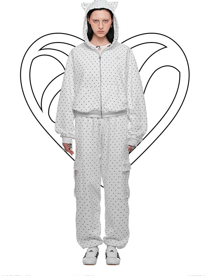 1JINN STUDIO Four Piece Set Loose Cropped Casual Women Polka Dot Animal Print Zip Hoodies